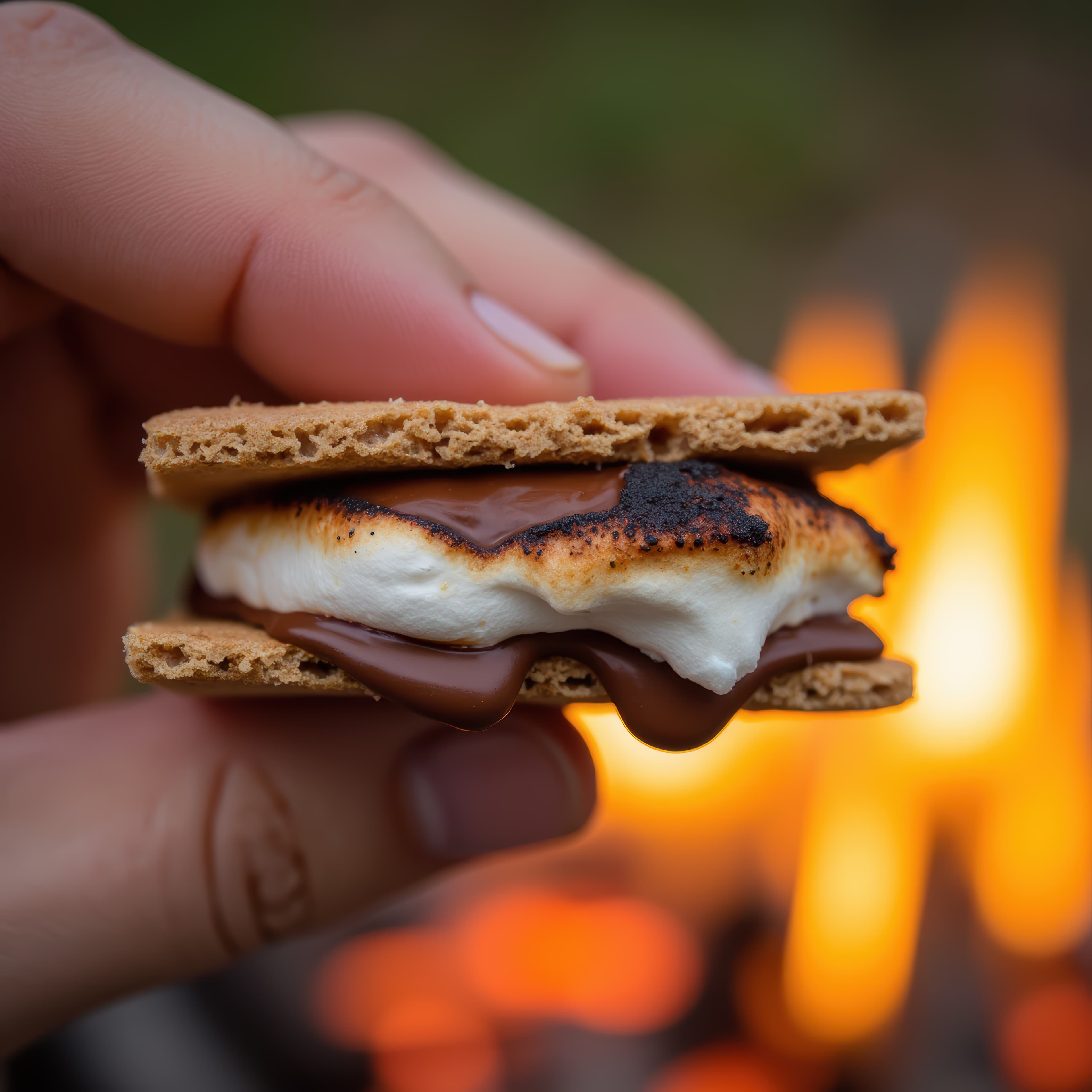 A hand holds a s'more with melted chocolate and toasted marshmallow in front of a campfire.