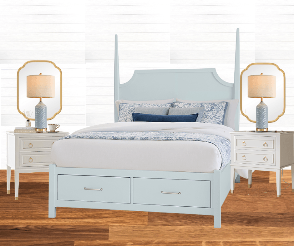 A spacious bedroom at The Atlantic Inn featuring a King bed with coastal inspired bedding, white bathrobes, and coastal decor, adjoining living area with sleeper sofa..