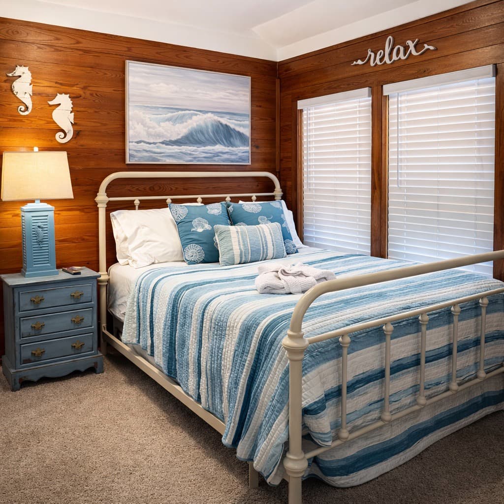 A cozy guest room featuring a white metal bed frame with blue and white striped bedding. The room has warm, natural wood-paneled walls decorated with coastal-themed art, including two white seahorses and a large painting of a breaking ocean wave. A light blue bedside lamp stands on a matching blue dresser next to the bed.