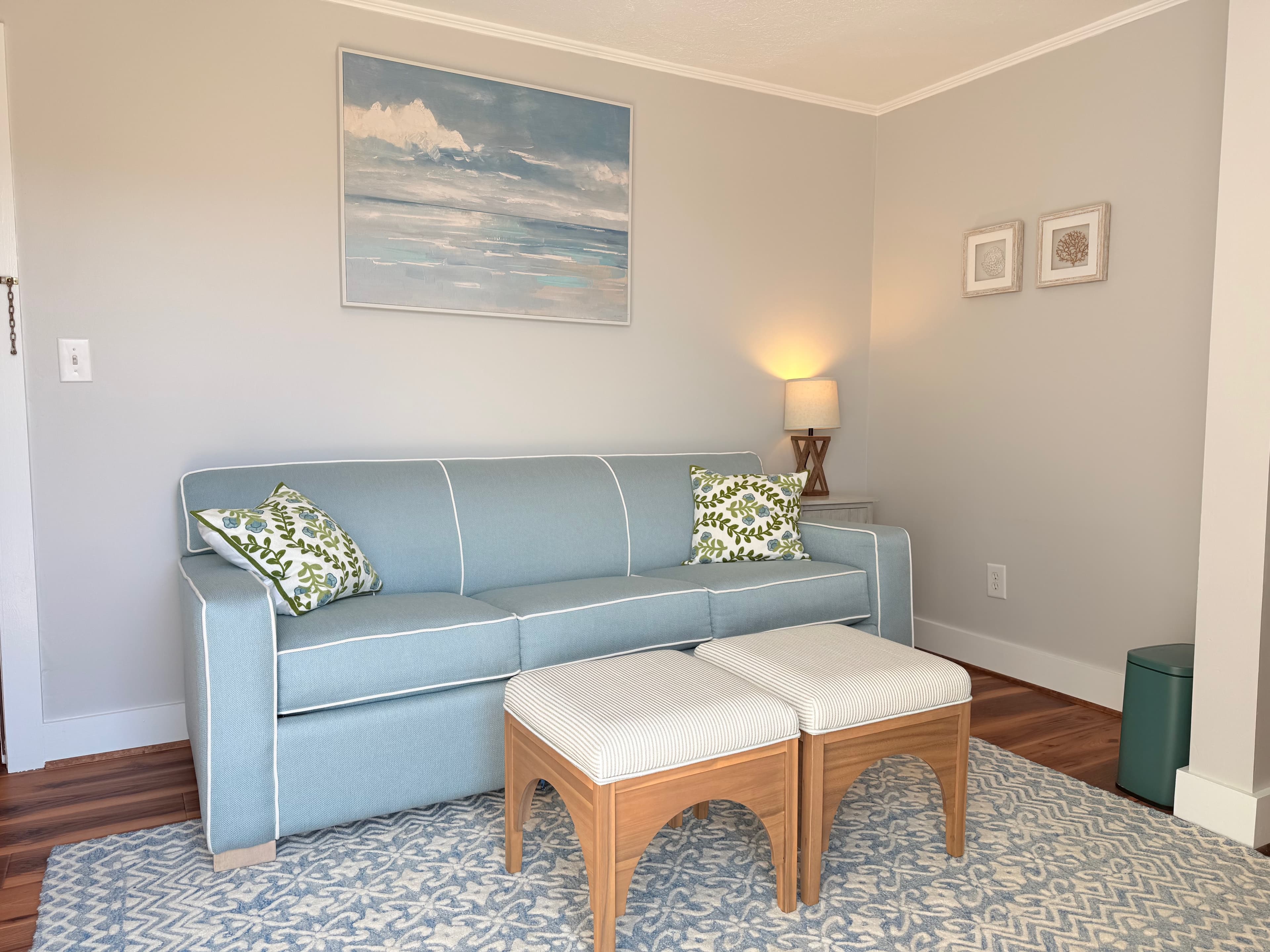 New queen sleeper sofa for living area with coastal touches