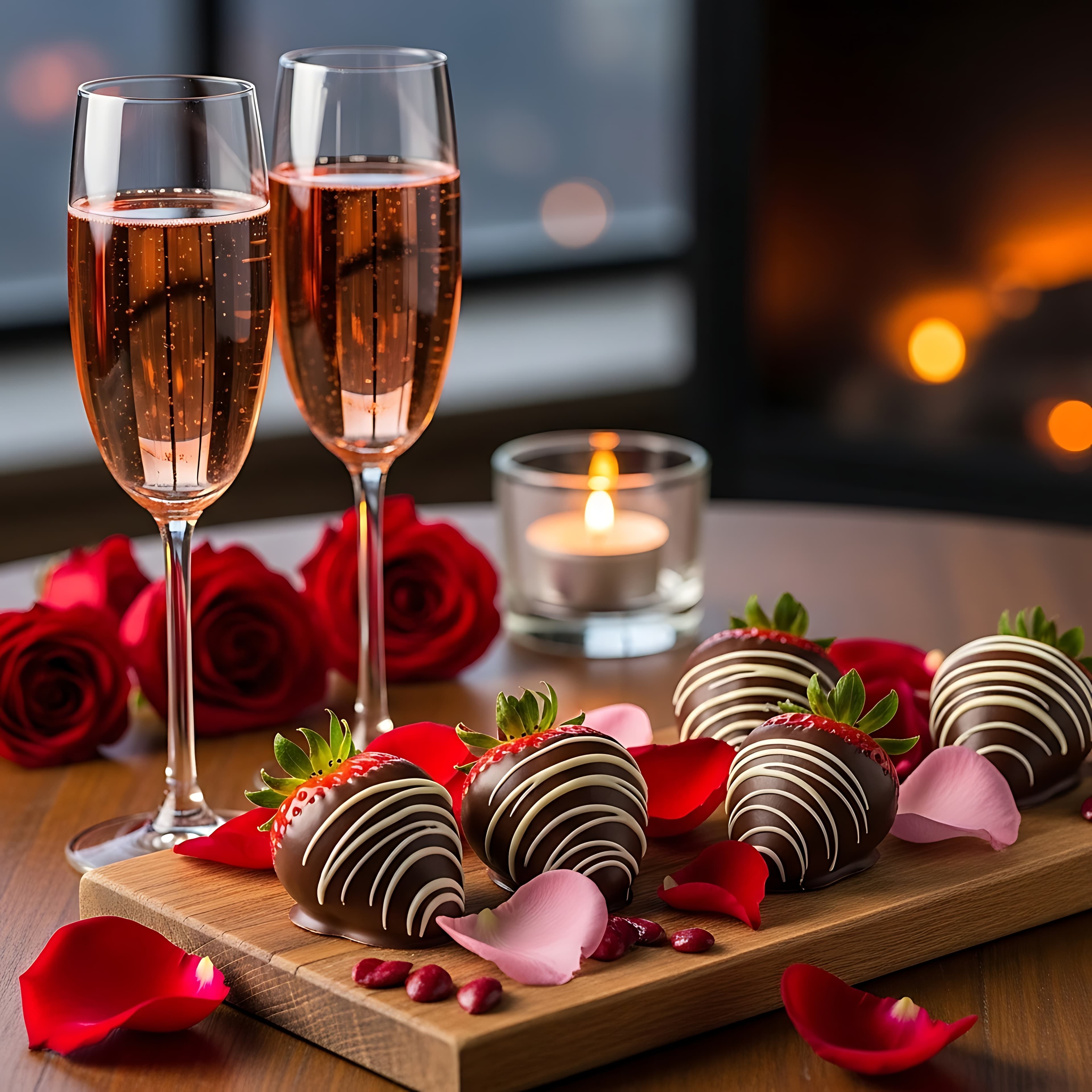 Two glasses of rosé champagne beside chocolate-covered strawberries on a wooden board, surrounded by rose petals and candles.