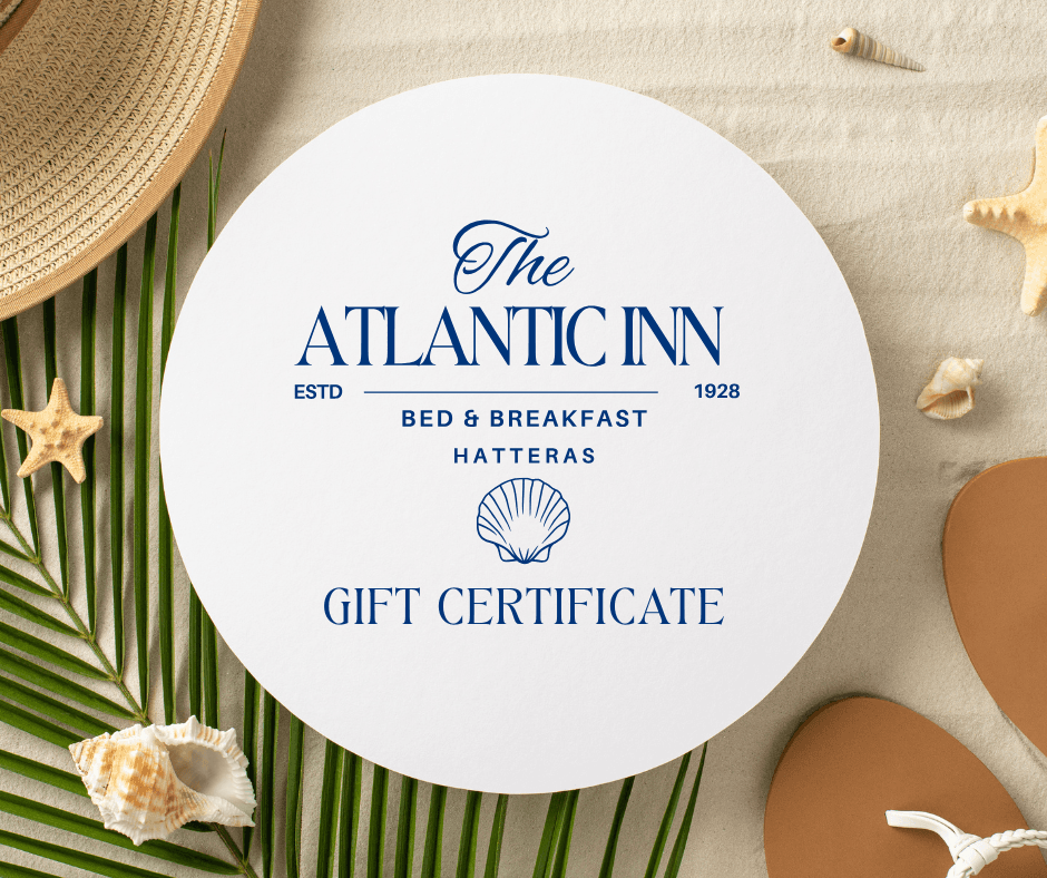Circular gift certificate for The Atlantic Inn, established 1928, featuring a shell graphic and surrounded by tropical decor.