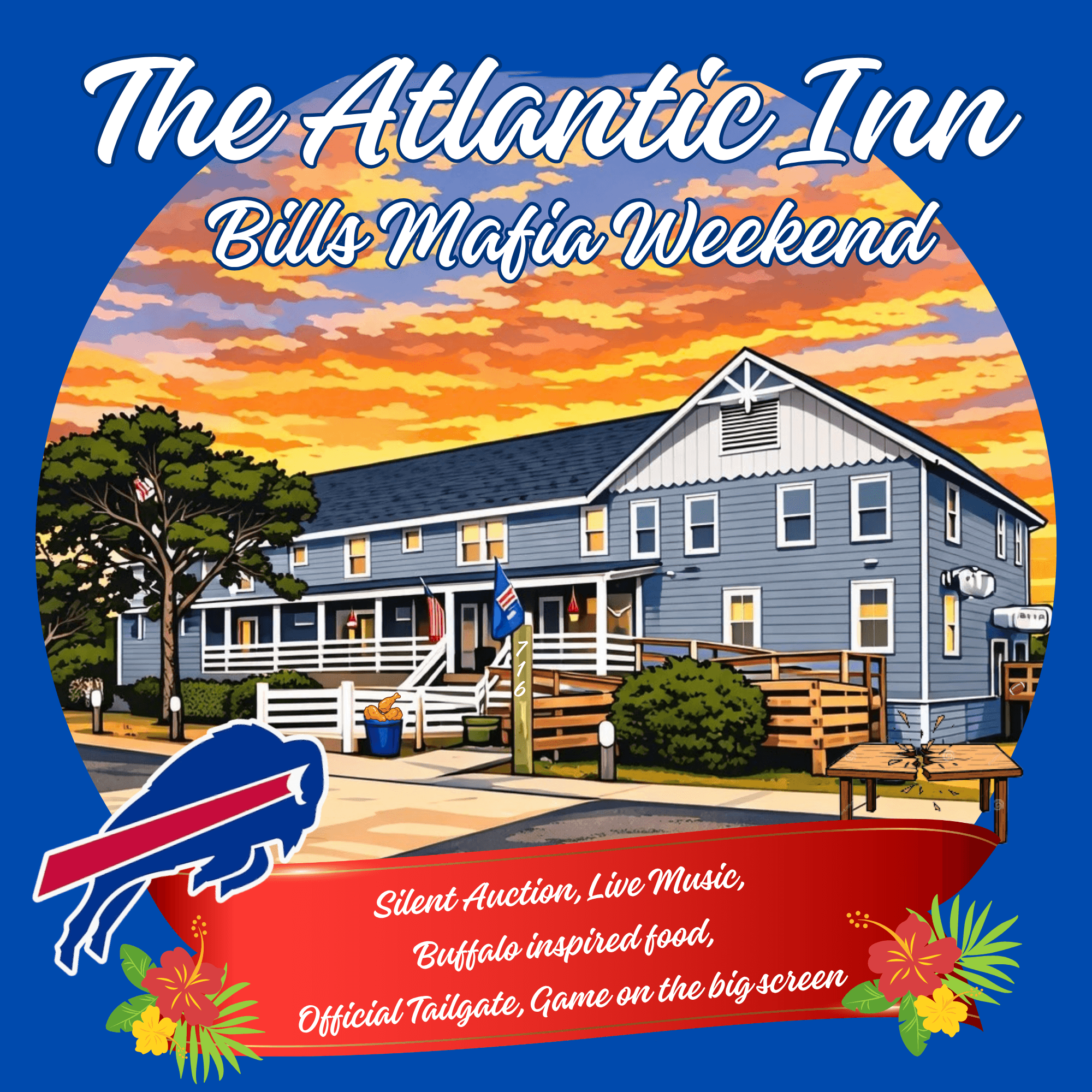 Graphic promoting Bills Mafia Weekend at The Atlantic Inn, featuring event details and an illustration of the venue.