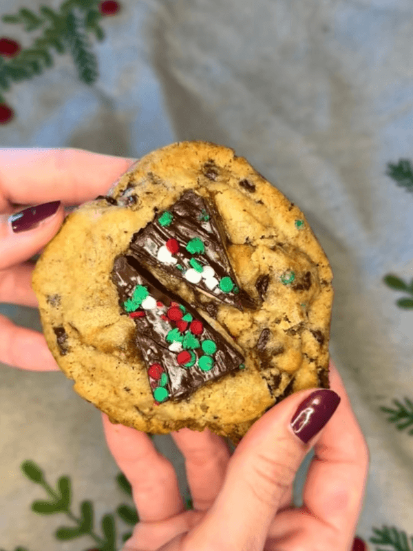 A hand holds a cookie with chocolate and festive sprinkles shaped like Christmas trees.
