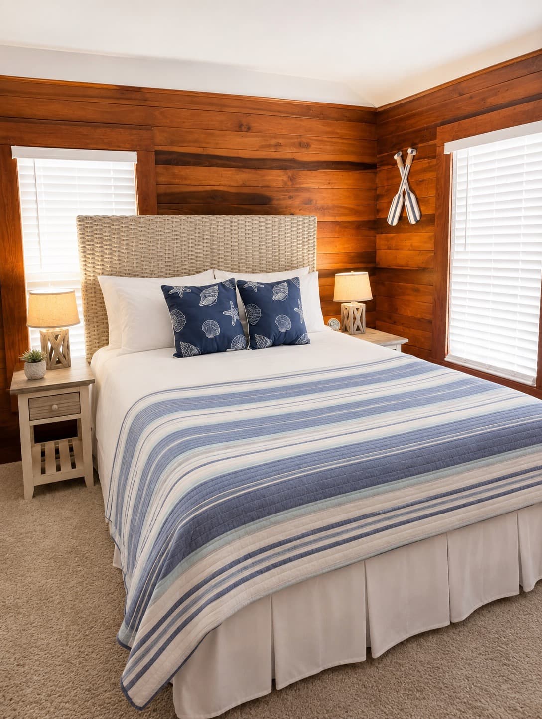 A cozy bedroom featuring a bed with striped bedding, blue pillows, and wooden walls.